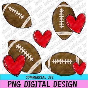 Pode incluir: Cinco ilustra&ccedil;&otilde;es digitais de bolas de futebol marrons com cora&ccedil;&otilde;es vermelhos. As bolas de futebol s&atilde;o desenhadas em estilo de desenho animado com uma textura de aquarela. Os cora&ccedil;&otilde;es tamb&eacute;m s&atilde;o desenhados em estilo de desenho animado com uma textura de aquarela.