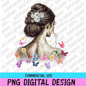 Farfalla bella donna PNG Sublimazione, vista posteriore, farfalla colorata, Download digitale istantaneo, disegno a mano, Bella ragazza donna png