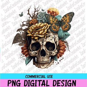 May include: A digital design featuring a skull adorned with sunflowers, roses, and a monarch butterfly. The skull is detailed with a vintage aesthetic, and the design includes the text "COMMERCIAL USE" and "PNG DIGITAL DESIGN".