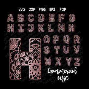 May include: A set of 26 alphabet letters in a rose gold colour with a mandala design. The letters are outlined in black and have a white background. The letters are arranged in alphabetical order. The text "Commercial Use" is below the letters.