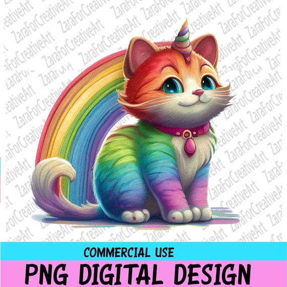 Rainbow Caticorn PNG Sublimation , Meowgical , cute cat, funny cat design, Kittycorn Clipart, Instant Digital Download, watercolor effect