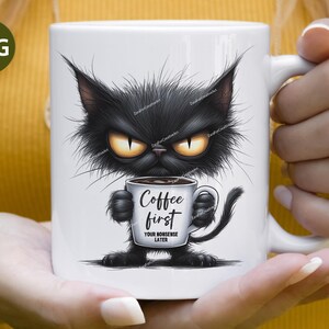 Primero el café, después tus tonterías. Gato gruñón amante del café, sublimación PNG, lindo gato negro, gato con café PNG, imagen de amantes de los gatos