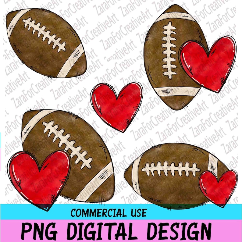 Pode incluir: Cinco ilustra&ccedil;&otilde;es digitais de bolas de futebol marrons com cora&ccedil;&otilde;es vermelhos. As bolas de futebol s&atilde;o desenhadas em estilo de desenho animado com uma textura de aquarela. Os cora&ccedil;&otilde;es tamb&eacute;m s&atilde;o desenhados em estilo de desenho animado com uma textura de aquarela.