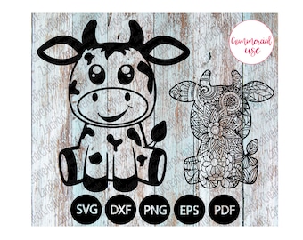 słodka krowa Zentangle svg dxf eps cyfrowe pobieranie krowa svg Wydrukowalny plik do cięcia dla sylwetki Żelazko na transferze plik do cięcia cricut mandala