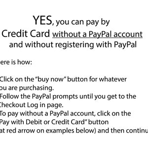Może przedstawiać: Tekst na białym tle wyjaśniający, jak płacić kartą kredytową bez konta PayPal. Tekst brzmi: "TAK, możesz płacić kartą kredytową bez konta PayPal i bez rejestracji w PayPal. Oto jak: - Kliknij przycisk "kup teraz" dla wszystkiego, co kupujesz. - Postępuj zgodnie z instrukcjami PayPal, aż dotrzesz do strony dziennika zam&oacute;wienia. - Aby zapłacić bez konta PayPal, kliknij przycisk "Zapłać kartą debetową lub kredytową" (przy czerwonej strzałce w przykładach poniżej) i kontynuuj"