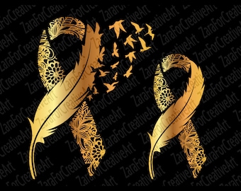 Childhood Cancer svg gold Ribbon Feather and Birds SVG Childhood cancer awareness SVG cancer Ribbon SVG kids Cancer Ribbon zentangle svg