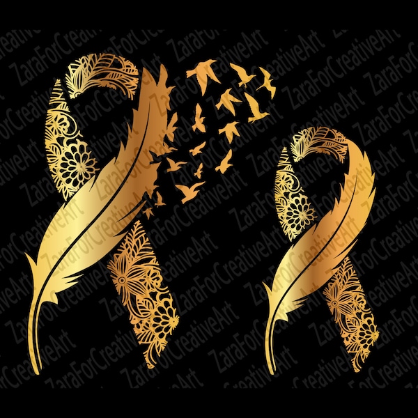 Kinder Krebs svg gold Band Feder und Vögel SVG Kindheit Krebs Bewusstsein SVG Krebs Band SVG Kinder Krebs Band zentangle svg