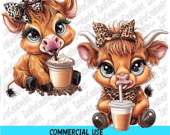 Coffee Addict Highland Cow PNG Sublimation, Cow Lovers, Digital Download, Leopard Print Coquette Bow, Coffee Lover, cute cow Graphics, DTF