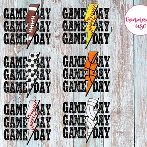 Game Day Bundle, Volleyball Softball Basketball Football Baseball Soccer Sublimation Design PNG, Stacked Distressed Lightning Bolt Printable