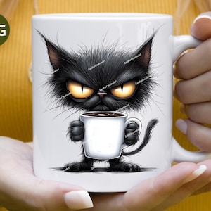 Gato gruñón amante del café, sublimación PNG, lindo gato negro, gato con café PNG, amantes de los gatos, bebida caliente, sensación de frío Temporada de congelación