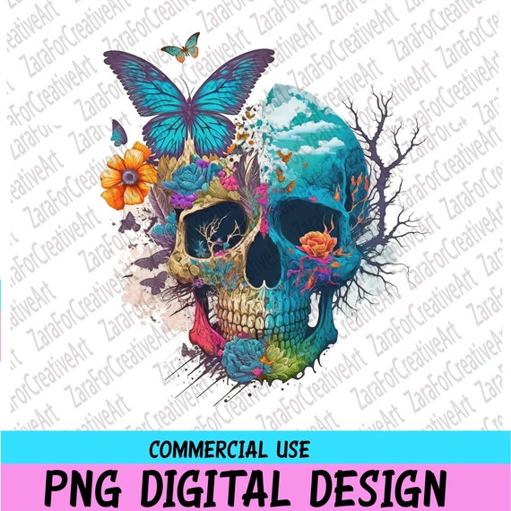 Skull flower Butterfly PNG Sublimation, Floral Skull Sublimation  colorful skull butterfly PNG ,  Instant Digital Download , hand drawing