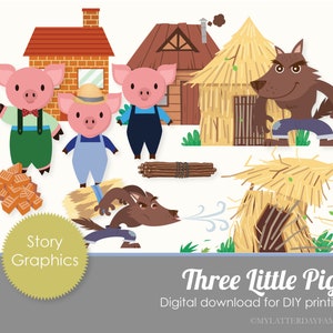 Three Little Pigs Story Graphics for  Printable DIGITAL Instant Download  - Clipart Set DIY PRINTABLE