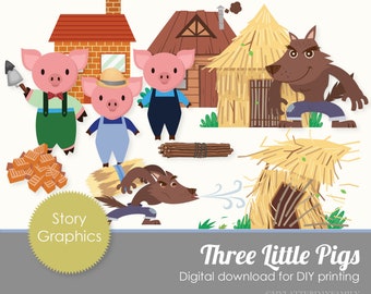 Three Little Pigs Story Graphics for  Printable DIGITAL Instant Download  - Clipart Set DIY PRINTABLE