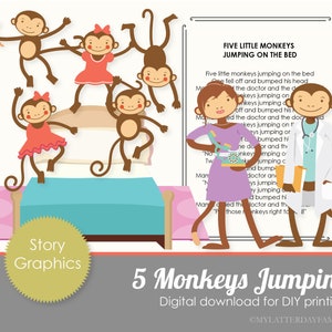 May include: Five Little Monkeys Jumping on the Bed printable activity. The illustration features five monkeys jumping on a bed, a doctor, and a woman on a phone. The text of the popular children's song is included.