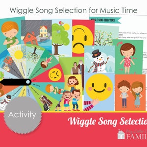 Music Time Wiggle Actividades de selección de canciones Tarjeta giratoria imprimible Ayuda para cantar - DIY PRINTABLE