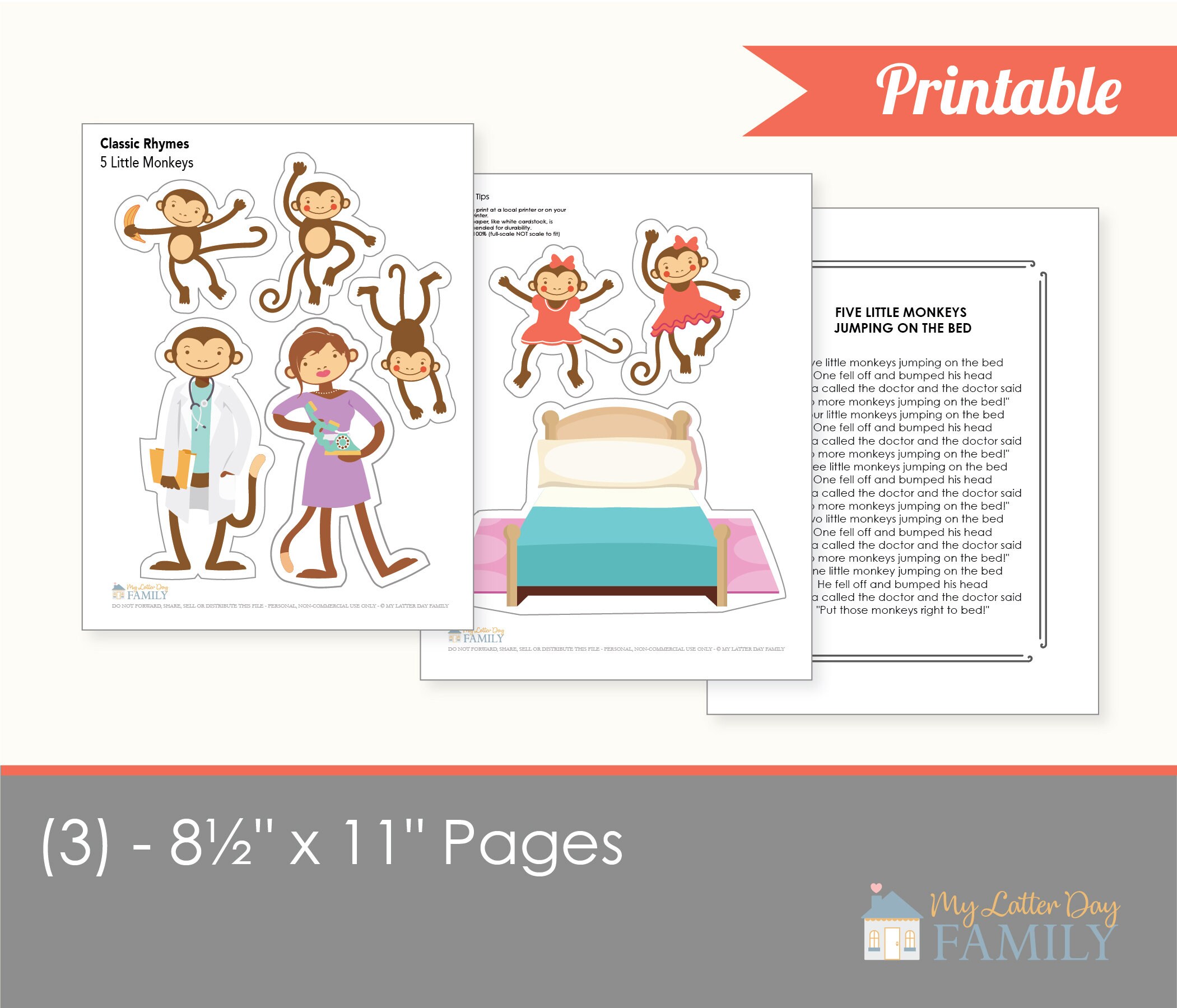 Cinque piccole scimmie che saltano sul foglio di attività del compagno del letto, PDF stampabile per bambini in età prescolare e autismo - Italia Cinque piccole scimmie che saltano sul foglio di attività del compagno del letto, PDF stampabile per bambini in età prescolare e autismo - Italia