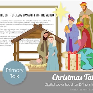 Puede incluir: Una actividad de Navidad imprimible para niños. La imagen presenta una escena del pesebre con el bebé Jesús, María, José y los tres reyes magos. El texto dice "El nacimiento de Jesús fue un regalo para el mundo." y "Christmas Talk: Descarga digital para impresión DIY."