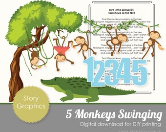 Five Little Monkeys Swinging From a Tree  Story Rhyme Graphics Story Time  Printable DIGITAL Instant Download  - Clipart Set DIY PRINTABLE