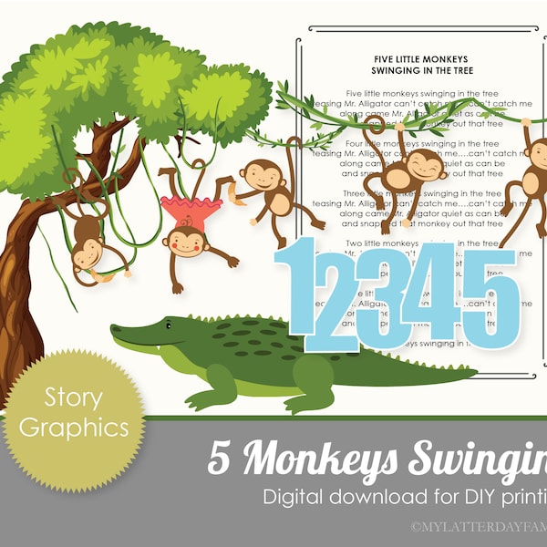 Five Little Monkeys Swinging From a Tree  Story Rhyme Graphics Story Time  Printable DIGITAL Instant Download  - Clipart Set DIY PRINTABLE