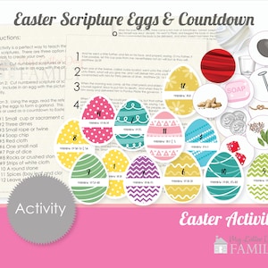 May include: Easter activity with colorful eggs featuring scripture verses. The eggs are decorated with different patterns and colors. The activity includes instructions and a list of materials needed.