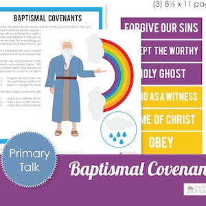 May include: A printable worksheet with a colorful rainbow and a cartoon illustration of a man in a blue robe. The worksheet is titled "Baptismal Covenants" and includes text about the covenants made at baptism. The worksheet is designed for primary children.