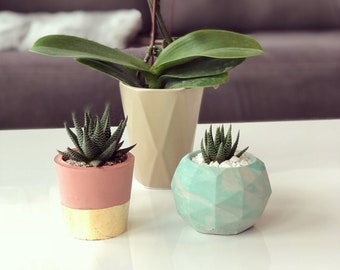 Green Marble Concrete Pot, Geometric Cactus Small Pot, Geodesic Succulent Planter, Marble Cement, Sphere