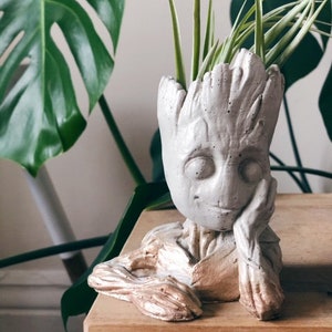 May include: A gray concrete planter shaped like a character from a popular science fiction movie. The planter has a gold-painted finish and is holding a small air plant.