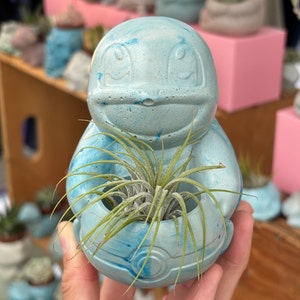 May include: A blue and white ceramic planter shaped like a cartoon character with a plant growing inside. The planter has a textured surface and a small, round opening at the top.