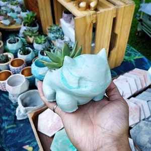 Peut inclure: Un pot en céramique bleu clair marbré en forme de personnage de dessin animé. Le pot contient une petite plante succulente.