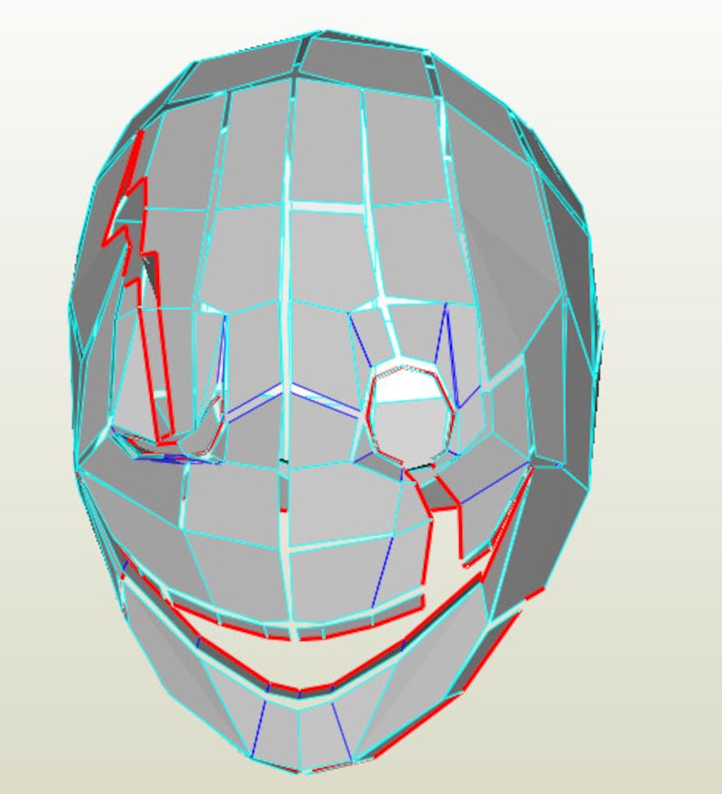 May include: A 3D papercraft model of a face with a wide smile, featuring a geometric design with red and blue lines on a gray background.