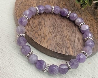 Faceted Purple Amethyst Natural Gemstone Silver Space Bead February Birthstone Gemstone Stretch Bracelet