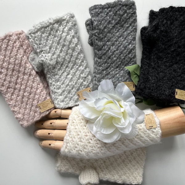 Elegant knitted fingerless gloves, soft, warm, alpaca, wrist warmers / mittens: white, pink sand, pearl grey, medium grey, anthracite