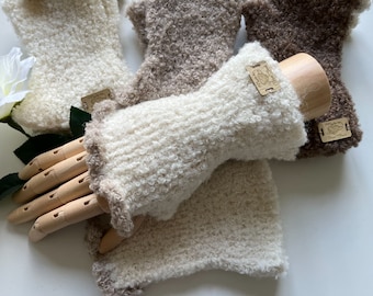 Super soft and cuddly hand knitted alpaca fingerless gloves / wrist warmers - off white, light brown, dark brown with crochet border