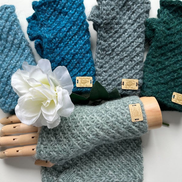 Elegant knitted fingerless gloves, soft, warm alpaca, wrist warmers: light green, sea blue, peacock blue, blue-green, forest green