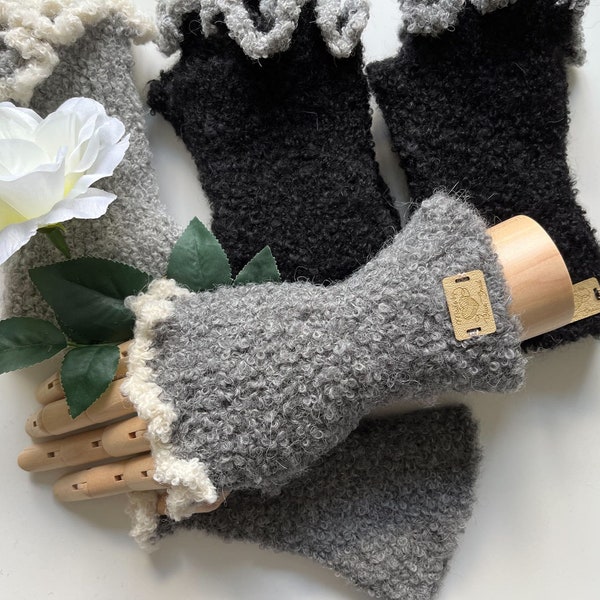 Super soft and cuddly hand knitted alpaca fingerless gloves / wrist warmers - light grey, dark grey, black with crochet border