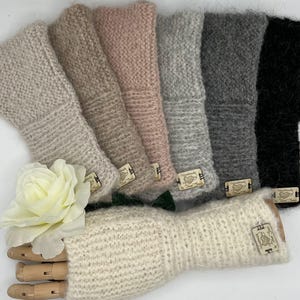 Cosy alpaca and wool warm and comfortable hand knitted fingerless gloves / wrist warmers, white, beige, rose, grey and black, elegant