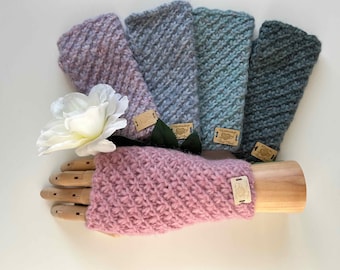 Elegant alpaca hand knitted fingerless gloves in pink, purple haze, light foggy blue, sea green, soft, warm, wrist warmers -stunning colours