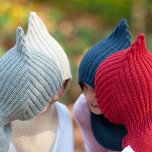 Pixie hat with collar, wool and alpaca hand knitted in wheat, almond, maroon, chestnut brown, warm, balaclava, 6 years to approx 10 years
