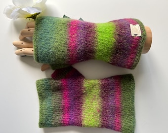 Hand knitted purple, green, orange, brown and grey striped felted fingerless gloves with thumb, wrist warmer, 100% wool, warm and cosy