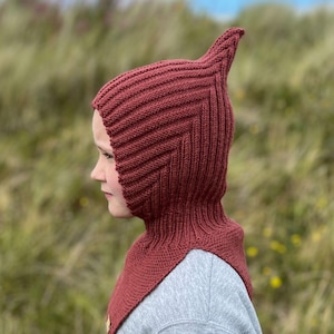 Pixie hat with collar, wool and alpaca hand knitted in red, ruby, sea green, petrol, balaclava, 6 years to approx 10 years - snug and warm