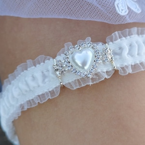 White Lace with heart Bridal Garter, bridal lingerie, Something for bride with heart, Rhinestone Hear Wedding Garter