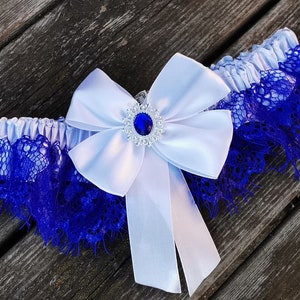 Royalblaues und weißes Spitzen Braut strumpfband, Braut dessous, etwas blaues