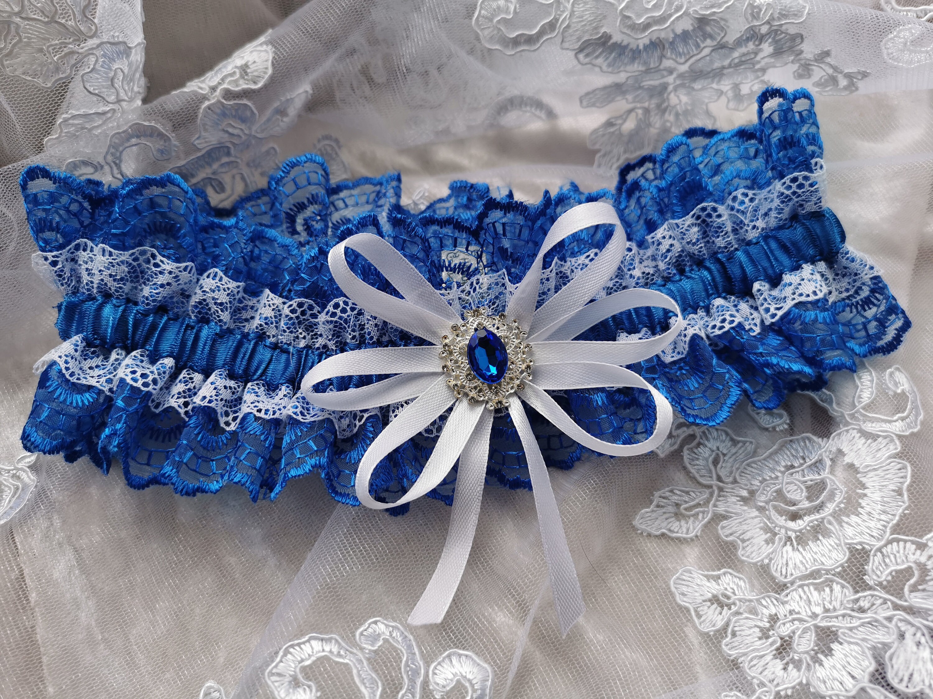 Blue Lace Wedding Garter: Bridal Belt, Plus Size (14-26)
