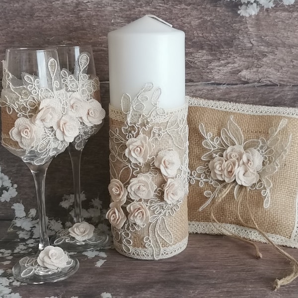 Rustic style wedding set, Burlap Wedding Pillow, Wedding Champagne Glasses, Wedding Rustic Flutes, Wedding Candle, rustic ring bearer