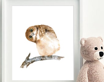Baby Owl Watercolor Art Print, bird painting， Nursery Decor