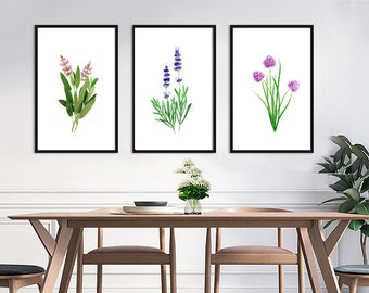 Set of 3 Herb watercolor painting prints. Chives, Lavender, Sage paintings, Herb botanical prints, green home decor art print, kitchen decor