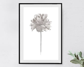 Print of Peony watercolour painting print, botanical flower abstract illustration print, taupe home decor
