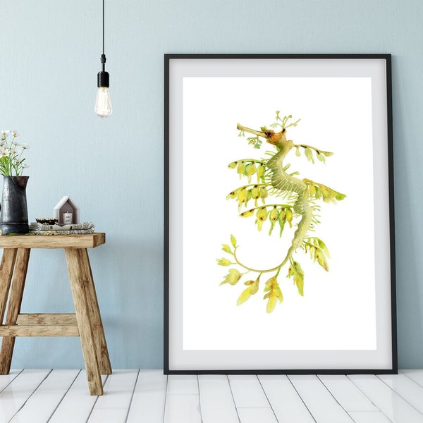 Leafy Sea Dragon watercolor painting print, Oceanic coastal sea life painting,  green bathroom decor, nursery wall art