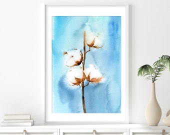 COTTON bolls Watercolor Painting print, Flowers Abstract, botanical painting, blue Wall Art Giclee Print