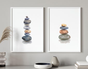 Set of 2 stacked rocks art prints, stacked rocks watercolour paintings, zen pebbles, zen art decor, meditation wall art, minimalist
